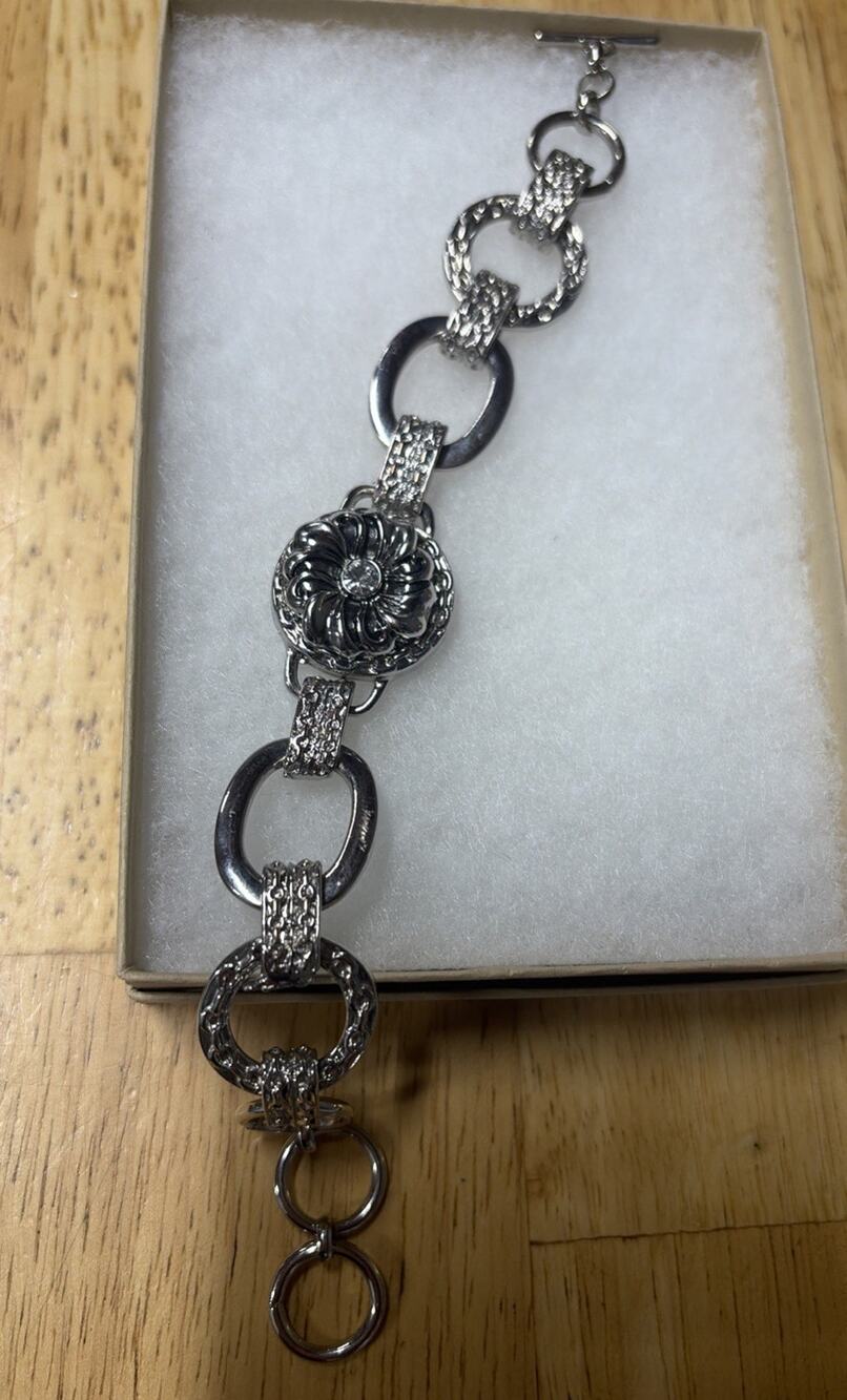 Ginger Snaps Multi Chain Snap Jewelry Bracelet w/ Rhinestone Floral Button Charm